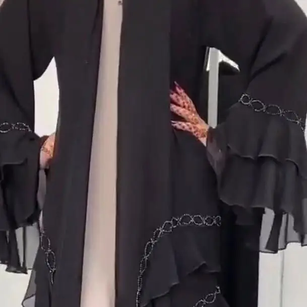 Black abaya with layered ruffle sleeves from Red Chic